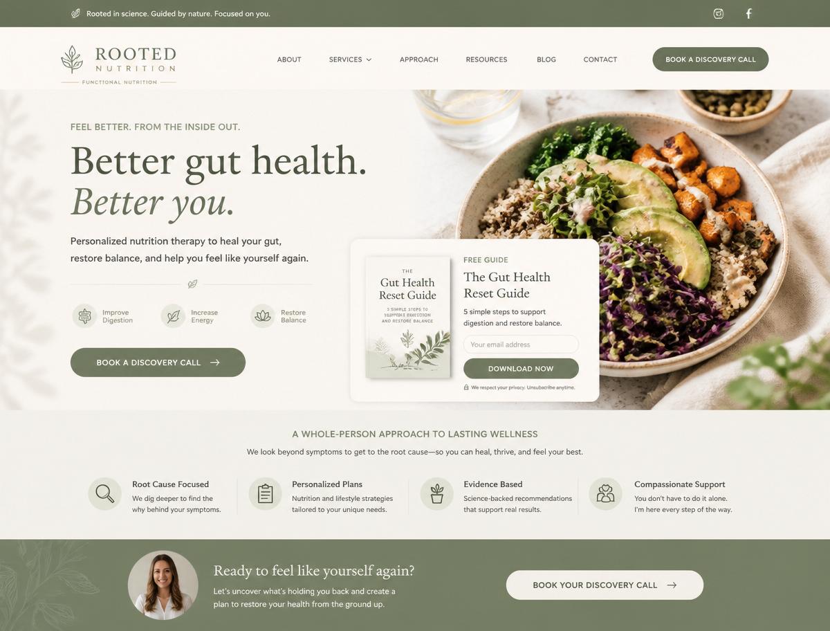 Rooted Nutrition landing page